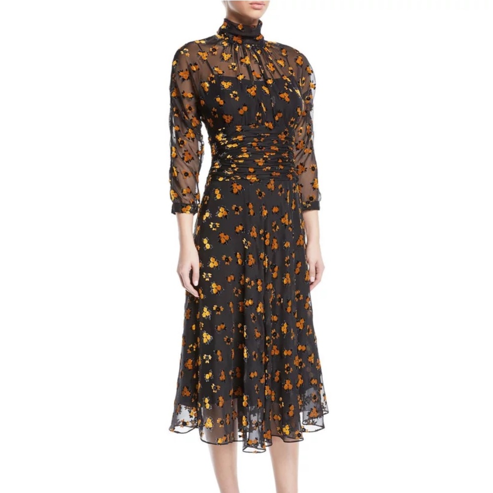 Rickie Freeman for Teri Jon Sheer Floral Burnout Velvet Midi Dress | Size 6